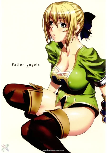 Blonde in green outfit with deep cleavage, thigh-high boots, exposed thighs crouches provocatively in Fallen Angels Vol1
