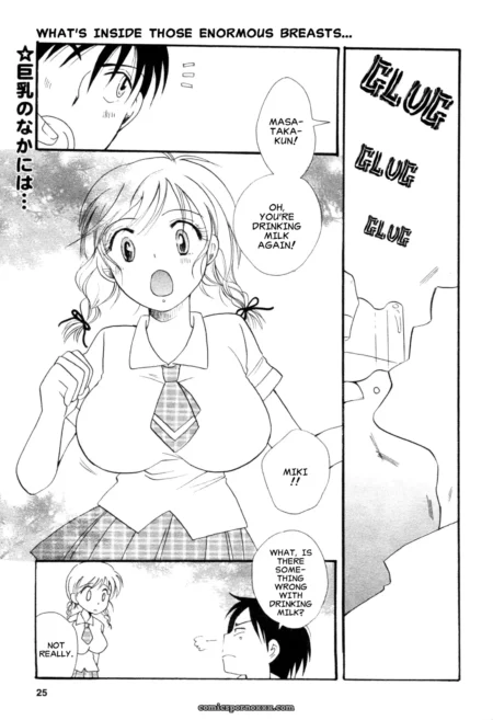 Enormous breasts strain school uniform as milk is sucked, explicit dialogue on milky oral consumption.