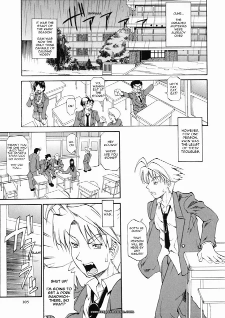 Blonde student in school uniform unzips pants, revealing hard cock while leaning on desk, peers watch silently.