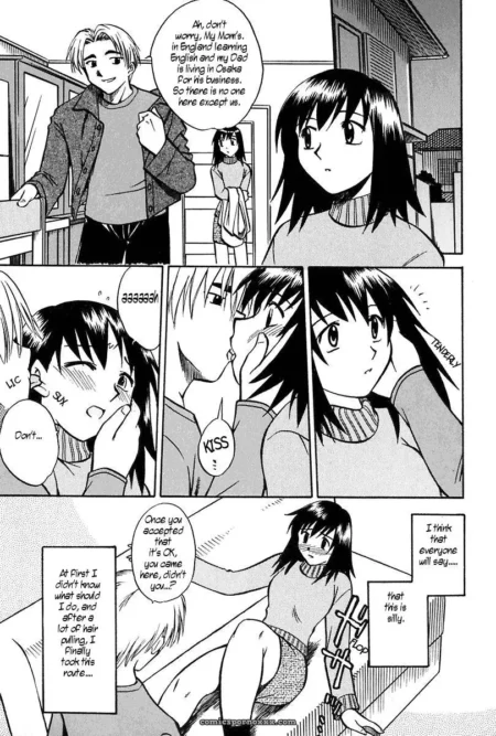 Manga panel: woman kissed with hand on face, skirt lifted as he holds waist for vaginal penetration