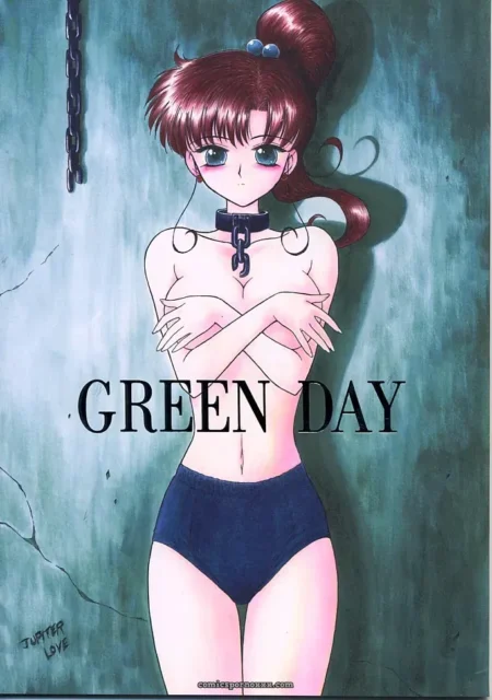 Brown ponytail anime woman in blue panties, choker with lock, covering bare breasts, chain on green wall, GREEN DAY text
