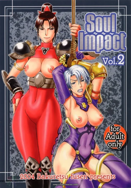 Two women in tight red and purple bodysuits with exposed breasts, one gripping a pole as the other kneels with spread thighs.