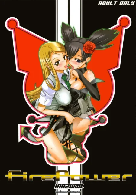 Two anime women in school uniforms kiss lewdly; one hand fondles a breast through white blouse, thighs exposed.