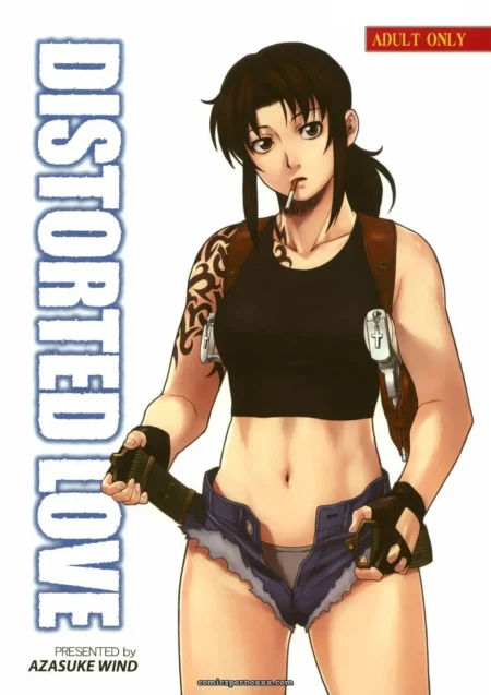 Woman with cigarette, black crop top, low blue shorts exposing vulva, arm tattoos, dual guns