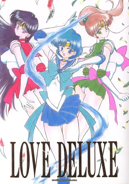 Three anime women in tight sailor fuku with large bows, short skirts, thrusting breasts pose with spread legs, blue-haired central