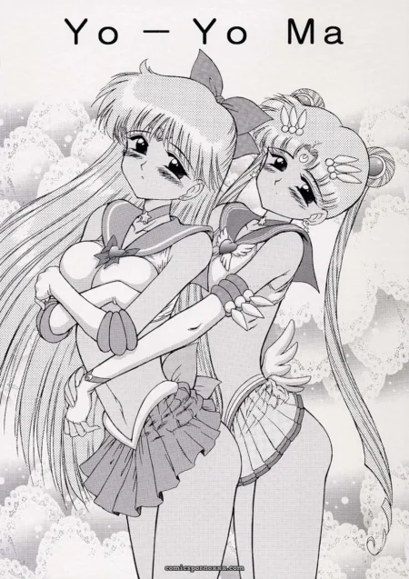 Two women in sailor uniforms press ample breasts together, long-haired with bow and twin-buns locked in passionate kiss