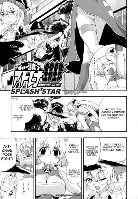 Blonde woman in school uniform with exposed breasts as another character performs oral sex, manga panel