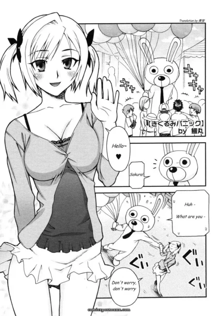 Blonde with bunny ears waving in low-cut lace top exposing cleavage, open cardigan, short skirt, thigh-high stockings