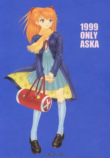 Orange-haired Aoi in blue coat spreads legs under short skirt to expose shaved pussy while holding red duffel bag