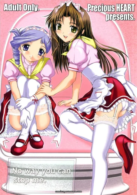 Two anime maids in pink lace-trimmed outfits, gloved hand sliding up the other's thigh under short skirt, red heels.
