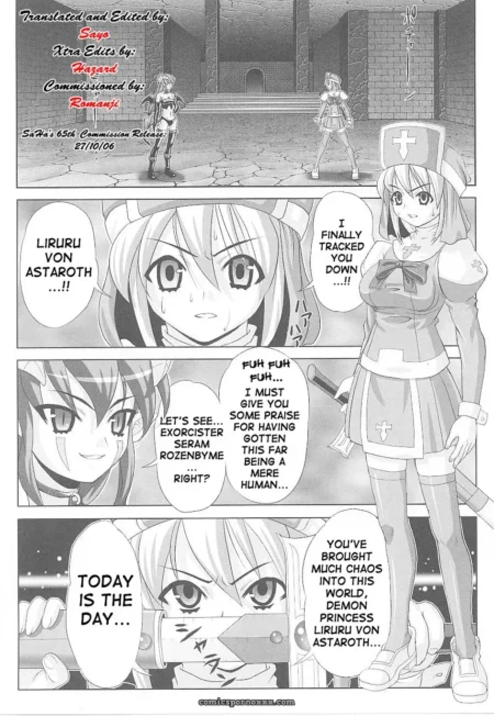 Nurse in tight cross uniform exposes ample cleavage and legs confronting Liliru von Astaroth in stone castle chamber