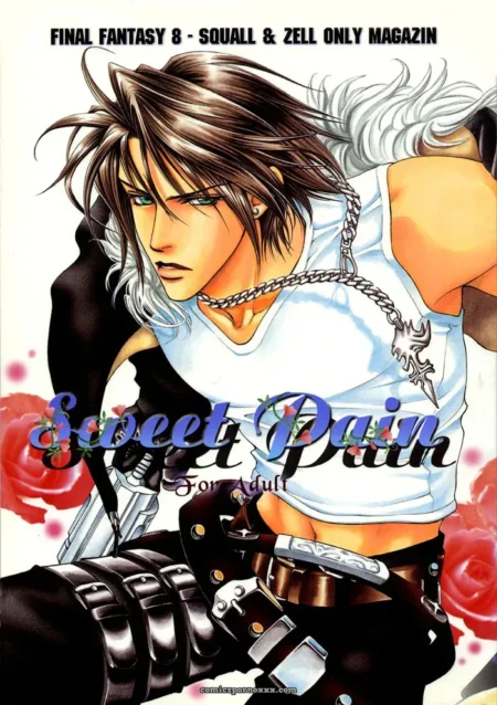 Tight white tank top strains over defined abs, chain necklace, gun, red roses in explicit anime art