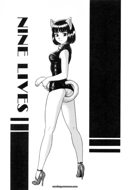 Cat-eared woman in tight black corset, short shorts with exposed thighs, fluffy tail, high heels, provocatively posing