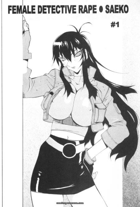 Saeko's large breasts bulge from crop jacket as she poses in tight miniskirt, long black hair flowing, hand on hip.