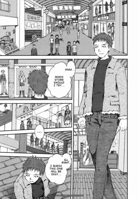 3 Sizes (Kyoumoto Takayuki): Man in tight jeans with prominent bulge walks mall seeking sexual encounters with shoppers.