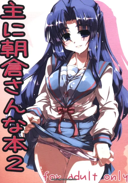 Long dark blue hair, unbuttoned school uniform top, red ribbon, lifting skirt to expose white thong