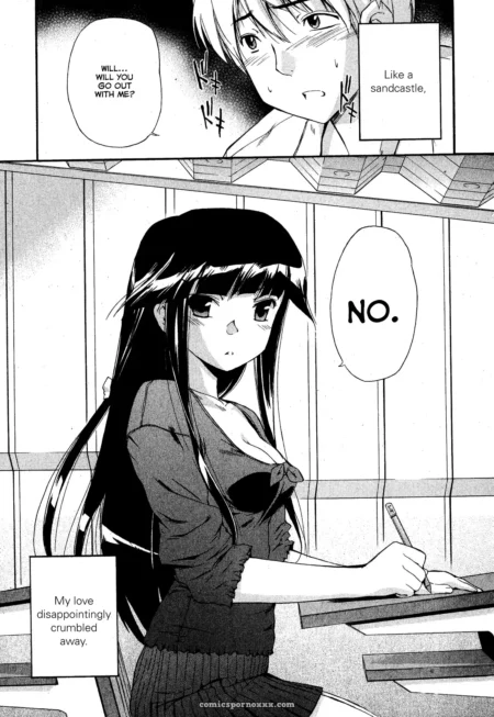 Tight school uniform clings to full breasts while writing, nipples visible through fabric, blushing after saying no.