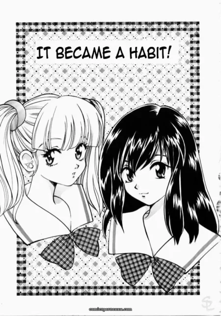 Blonde ponytail and black-haired anime figures in uniform tongue-kiss with hands under skirts, continuing their habit