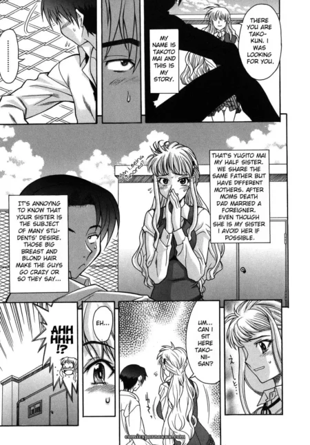 Blonde woman with massive breasts in manga scene text describes her as half-sister attracting students' sexual desire