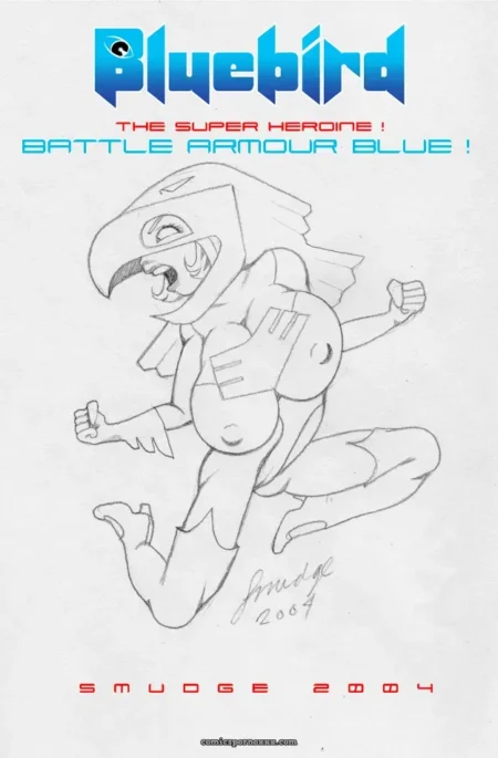 Bluebird's tight blue battle armor clings to her large tits and exposed cleavage in a dynamic flying pose